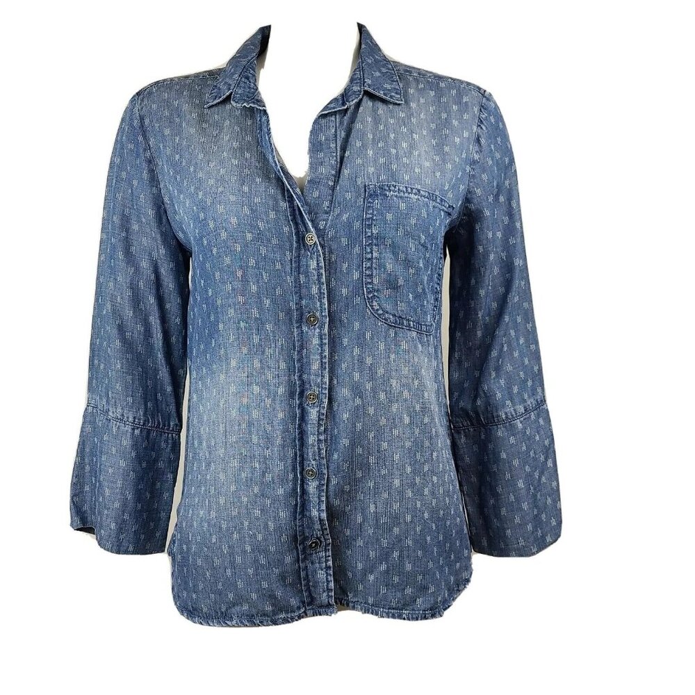 Cloth & Stone Shirt Top Womens‎ Size S Small Blue Button Down 3/4 Sleeve